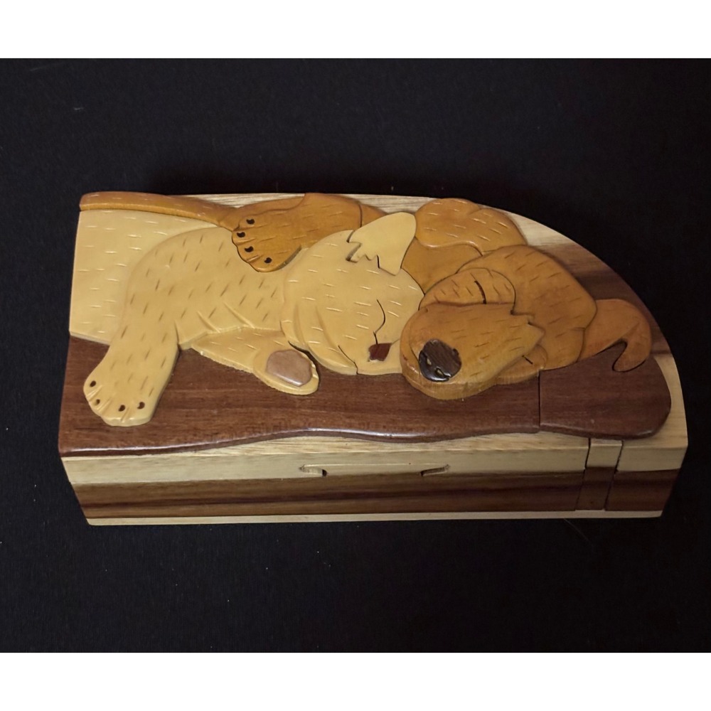 Carver Dans Handcrafted Wood Puzzle Box Sleeping Cat and Dog Intarsia Stash Box